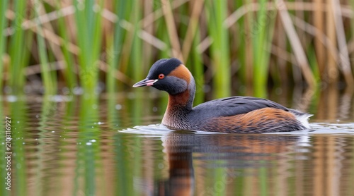 Red necked grebe swims in small lake during sunny spring day. Water bird moves calm on pond surface near green reed plants. Wild aquatic avian species floats at wetland habitat area. Sharp focus on
