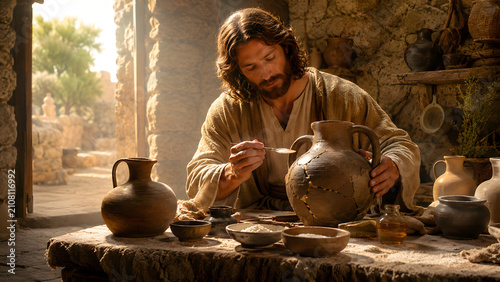 A man in ancient robes carefully repairing a cracked clay pottery vessel with a small tool in a workshop