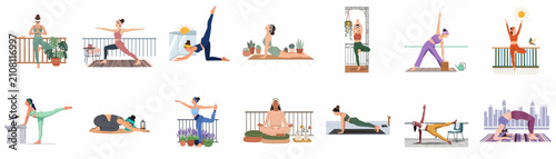 Tableau sur toile Collection of women practicing various yoga poses and meditation in outdoor settings like balconies and terraces for wellness and a healthy lifestyle