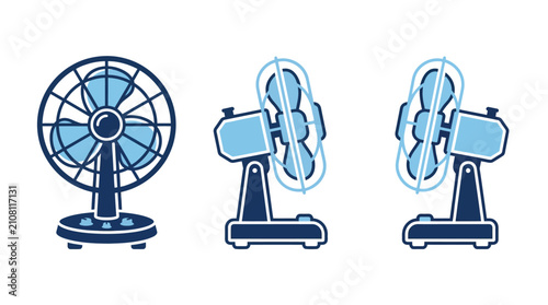 Blue electric fan icons set isolated on white background