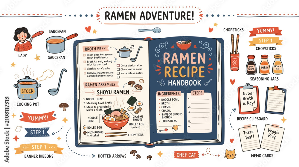Naklejka premium Illustrated ramen recipe handbook template with cooking steps ingredients