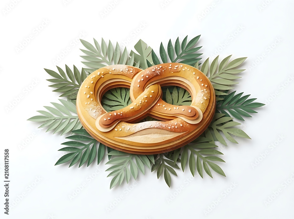 Fototapeta premium Baked pretzel snack with leafy green decoration