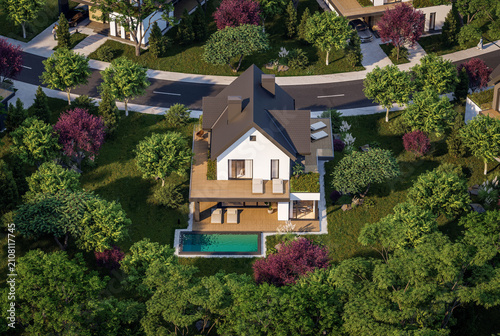 3d rendering of contemporary architectural luxury house exterior. Modern Scandinavian style family home with a white plaster walls, dark roof, and beautiful garden on a bright sunny day