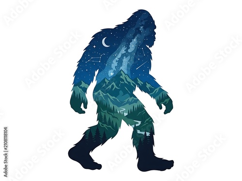 Silhouette of mythical creature filled with starry night sky and mountain landscape