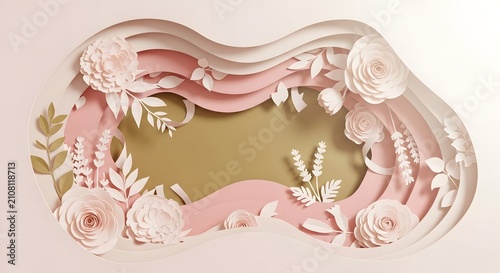 Elegant paper cut style floral frame with soft pink layers and a golden center for wedding invitations