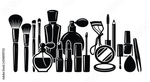 Makeup brushes bottles and lipsticks in a black silhouette arrangement