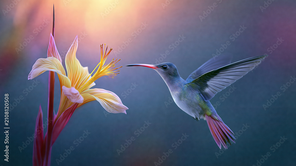 Obraz premium Hummingbird Hovering Near Yellow Flower at Sunset