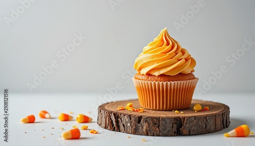 Freshly baked cupcake with creamy frosting on wooden slice. Delicious dessert topped with orange zest garnish for gourmet presentation.