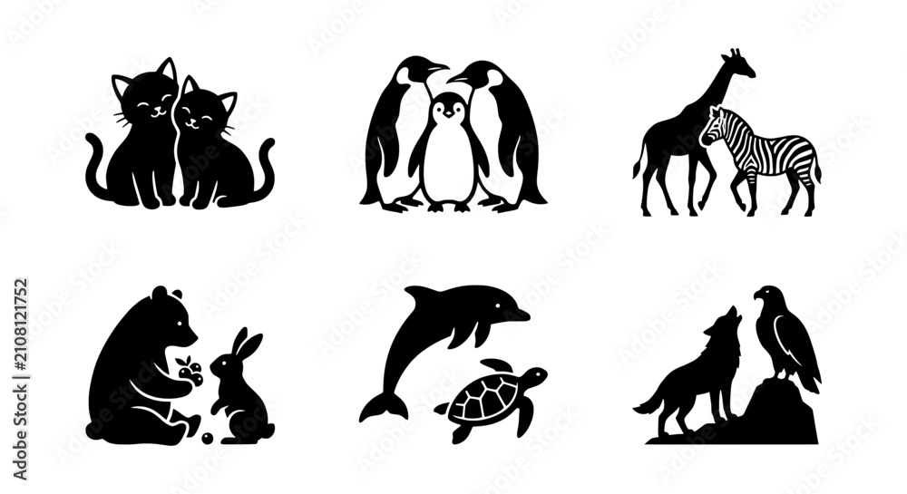 Fototapeta premium Cute Animal Pairs Silhouette Vector Icons, Friendship & Love Concepts, Black & White
