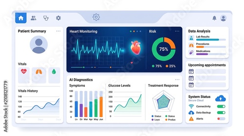 Comprehensive medical dashboard featuring AI analytics, patient health monitoring, heart rate data visualization, and clinical diagnostic interface tools