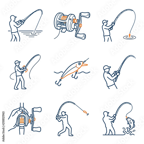 Fishing Icons Set Featuring Anglers and Gear.