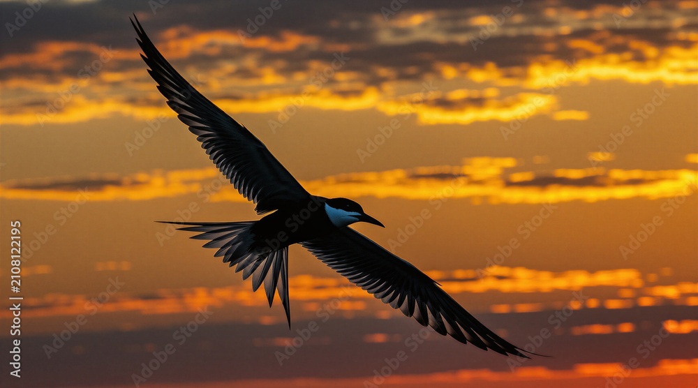 Fototapeta premium Silhouette common tern bird flies over water at sunset. Dramatic orange sky with clouds forms backdrop for avian in flight. Nature scene captures wildlife in action.