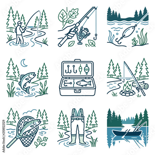 Fishing Icons Set Outdoor Recreation Activities.