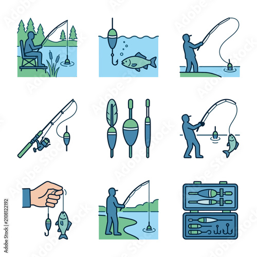 Fishing Icons Set Showing Different Activities and Equipment.