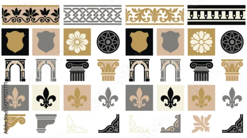 Obraz Classical ornaments borders shields and fleur de lis set isolated on white.