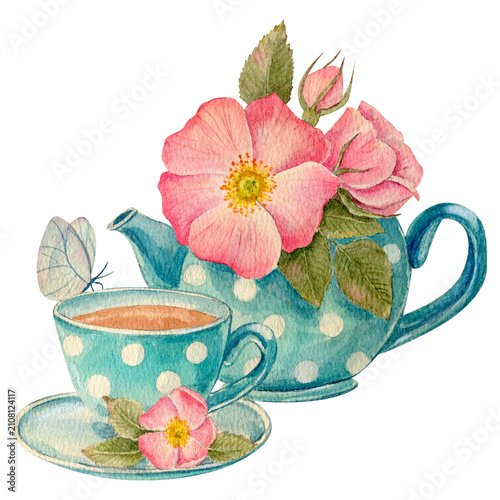 Canvastavla Vintage watercolor teapot and cup set with pink wild roses and white butterfly