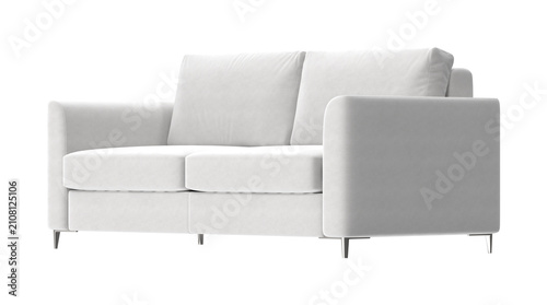 Fotografie Modern white sofa with plush cushions and sleek metal legs on a clean white back