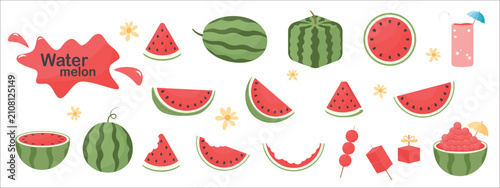 Watermelon Fruit Illustration Set with Slices, Juice and Splash, Summer Flat Design Vector Clipart