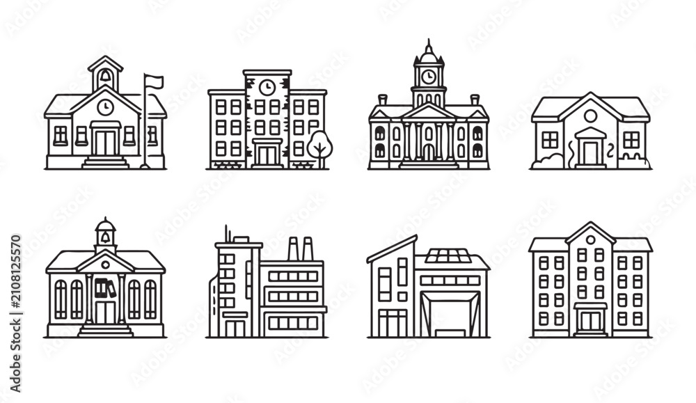 Fototapeta premium Collection of diverse building outline icons representing educational civic and residential structures in a clean graphic style