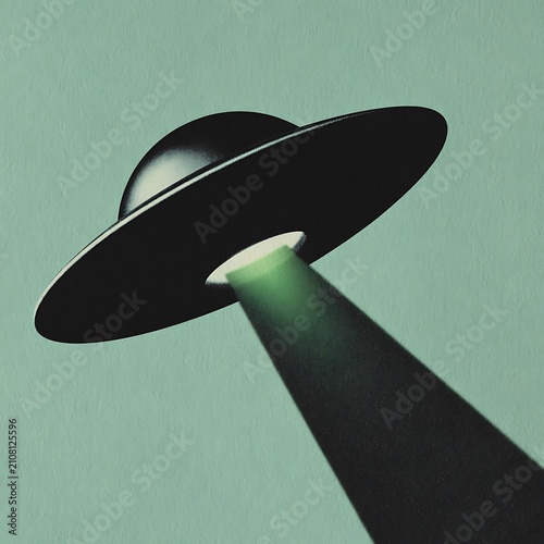 Minimalist UFO flying saucer with green tractor beam on teal background with copy space