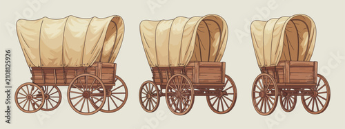 Photography Wagon, cartoon collection with wild west carriages, pioneer carts, wooden wagons and frontier transportation icons, editable vector set