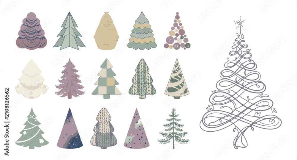 Obraz premium Whimsical Christmas Trees with Decorative Patterns and Swirls Vector Illustration for Festive Design