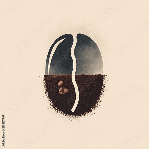 Conceptual Coffee Bean Double Exposure with Ground Coffee and Cloudy Sky