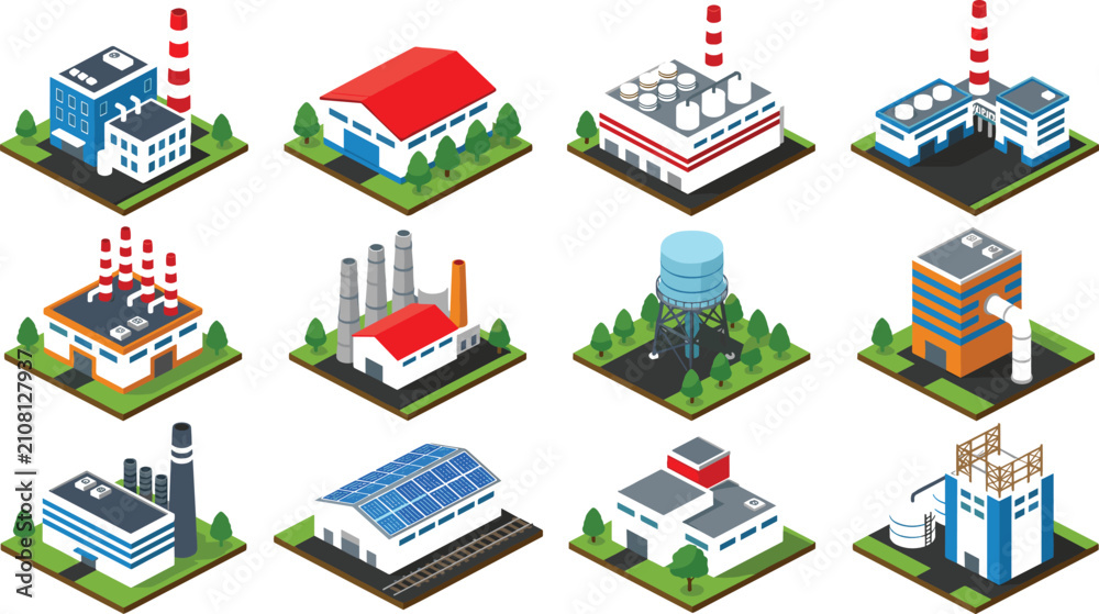 Fototapeta premium Isometric Industrial Building Vector Icon Collection Featuring Factory, Warehouse, Manufacturing Plant, Water Tower, Power Facility and Industrial Infrastructure