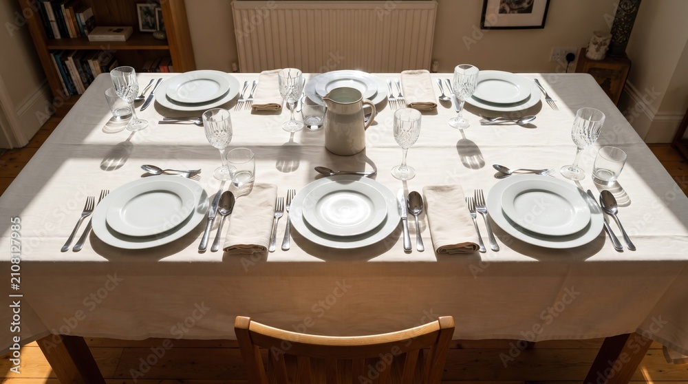 Fototapeta premium A beautifully arranged dining table welcomes guests with shining glassware and delicate dishes, all bathed in warm sunlight. The cozy setting invites cheerful conversations and delicious meals.