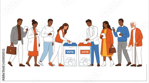 Fotografía Diverse People Voting at Ballot Boxes Flat Vector Illustration Collection Featur
