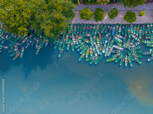 Konstfotografi Aerial view of Tam Coc with sampan rowing boat mooring in Ninh Binh province, Vi