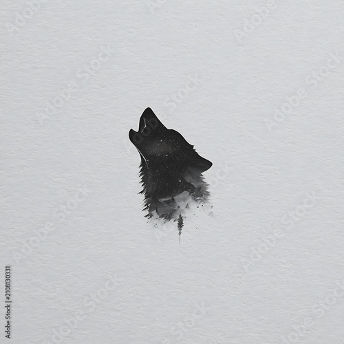 Minimalist howling wolf silhouette with starry night sky and pine forest double exposure background