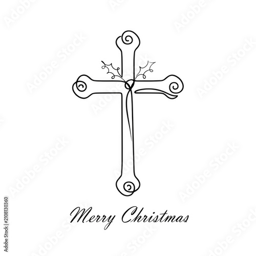 Elegant continuous line drawing of a cross with holly leaves during Christmas season Isolated on transparent background