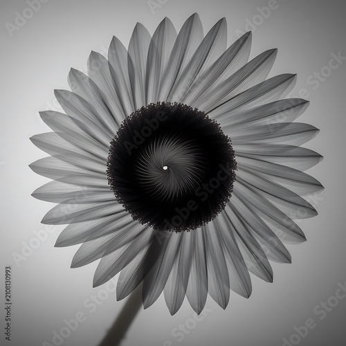 Symmetrical monochrome sunflower head with geometric spiral center on neutral gray background