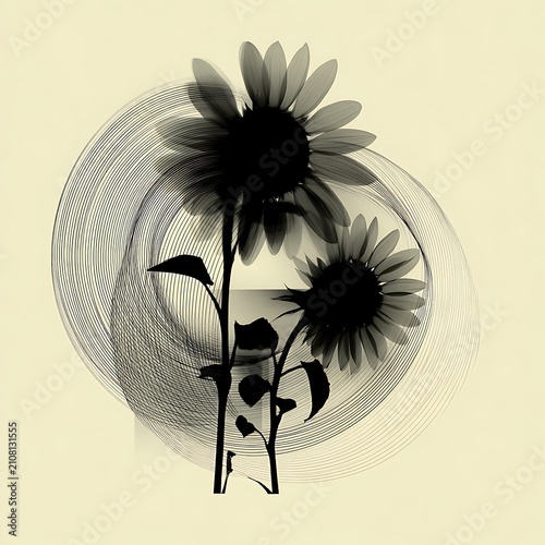 Conceptual botanical illustration of sunflowers with concentric circular line art overlays