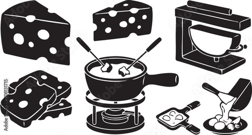Swiss cheese fondue set and raclette machine black vector