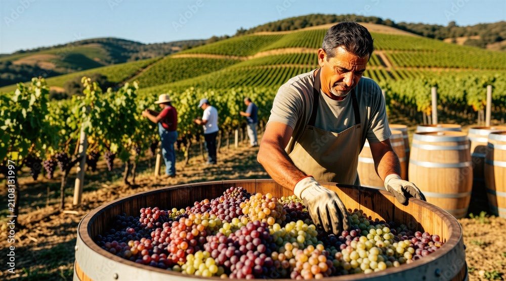 Obraz premium Mature male winemaker collects ripe purple grapes in large wooden barrel at sunlit vineyard. Seasonal workers harvest vine crops on rolling green hills in background. Farmer wearing apron works in