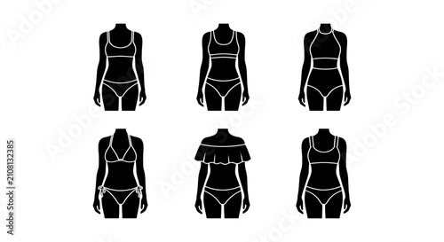 Fotografía Swimwear Silhouettes, Bikini Styles, Beachwear Fashion Vector Icons Set