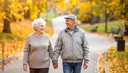 Elderly Couple Holding Hands and Smiling While Walking in a Beautiful Autumn Park