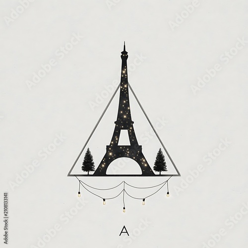 Geometric lattice tower silhouette inside a triangle with pine trees and string lights