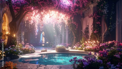 Enchanted indoor garden with glowing flowers and water pool.