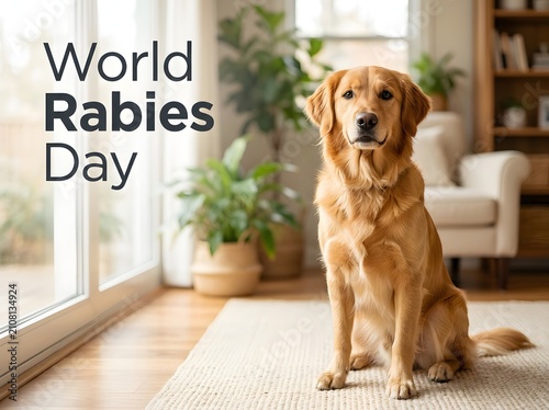 Golden retriever dog sitting inside a bright home for world rabies day awareness event