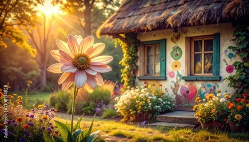 Enchanting Cottage Garden with Giant Flower in Golden Hour Sunlight