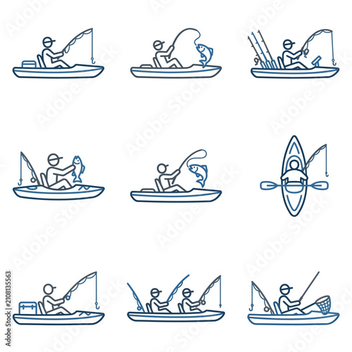 Fishing Kayak Icons Set.