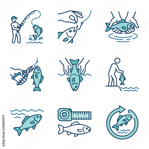 Fishing Icons Showing Catching Releasing Measuring and Handling Fish.