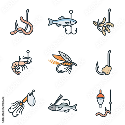 Fishing Lures and Bait Collection Icons.
