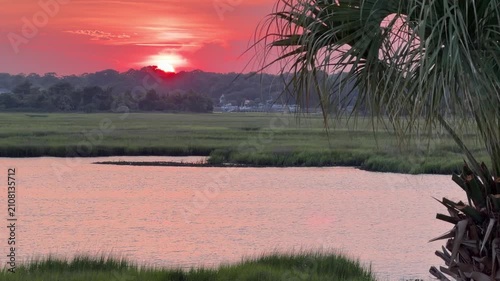 Establishing shot of a gorgeous sunset across an inlet at the beach with a palm tree and copy space