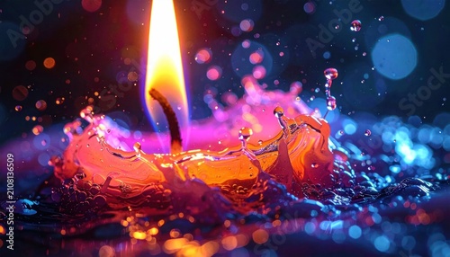 Fiery Candle Flame Illuminates Dynamic Water Splash in Neon Lighting