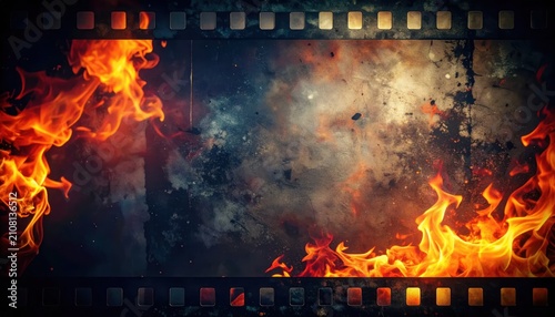 Fiery Old Film Reel with Flames and Grunge Texture, Cinematic Background