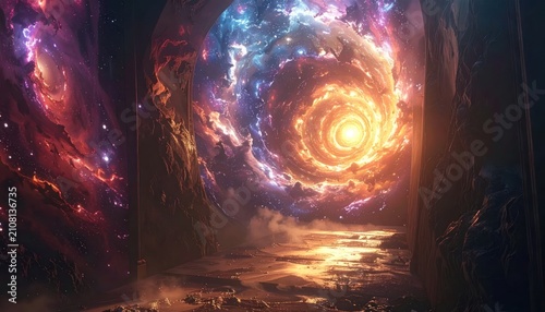 Fiery cosmic portal viewed through rocky stone pillars.